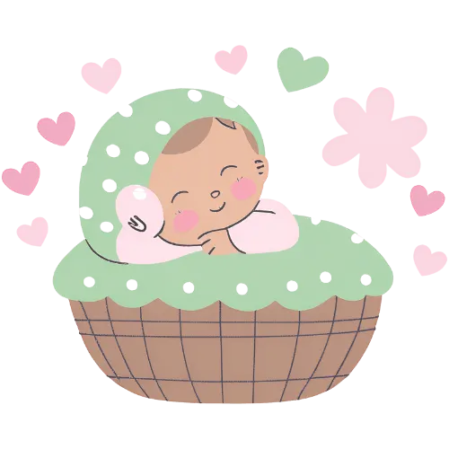 Illustration bébé qui dort entouré de coeur rose et vert – style enfantin et doux