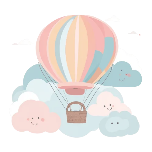 Illustration montgolfière entouré des nuages souriant – style enfantin et doux