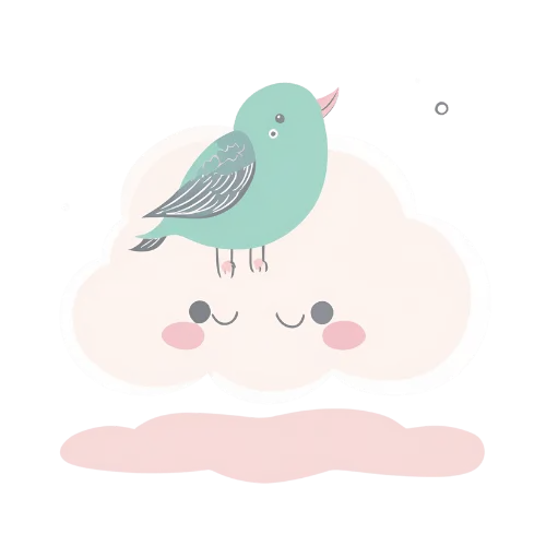 Illustration nuage souriant avec un oiseau vert – style enfantin et doux (2)