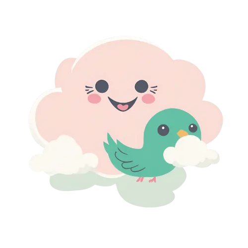 Illustration nuage souriant avec un oiseau vert – style enfantin et doux