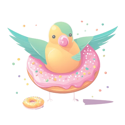 Oiseau coloré coincé dans un donut rose avec des vermicelles – illustration joyeuse et enfantine