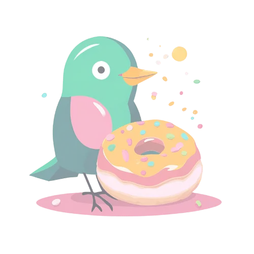 Oiseau coloré perché avec un donut rose et des vermicelles – illustration joyeuse et enfantine