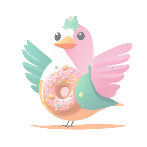 Oiseau coloré perché un donut rose sur sa poitrine avec des vermicelles – illustration joyeuse et enfantine