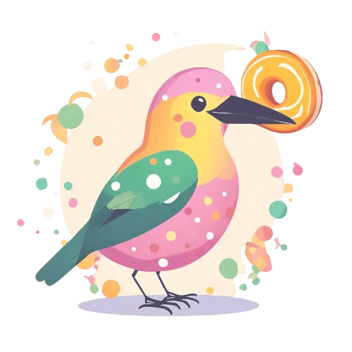 Oiseau coloré un donut rose avec des vermicelles dans le bec – illustration joyeuse et enfantine